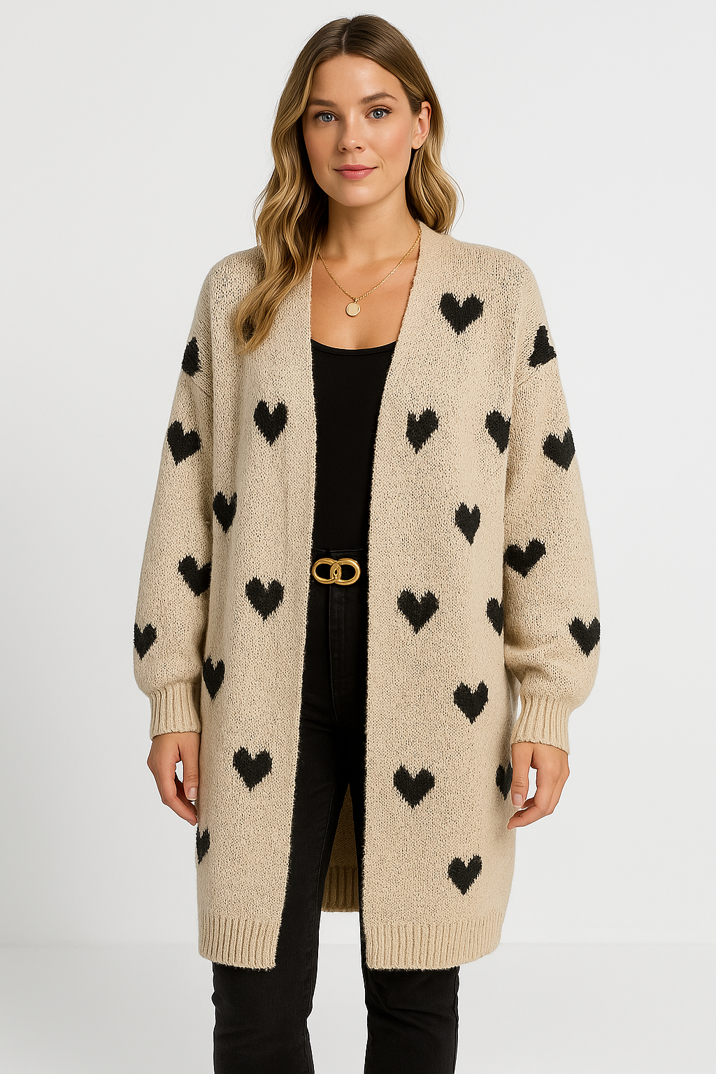 Women’s Long Knitted Cardigan – Oversized Fit – Heart Pattern – Open Front Casual Layer