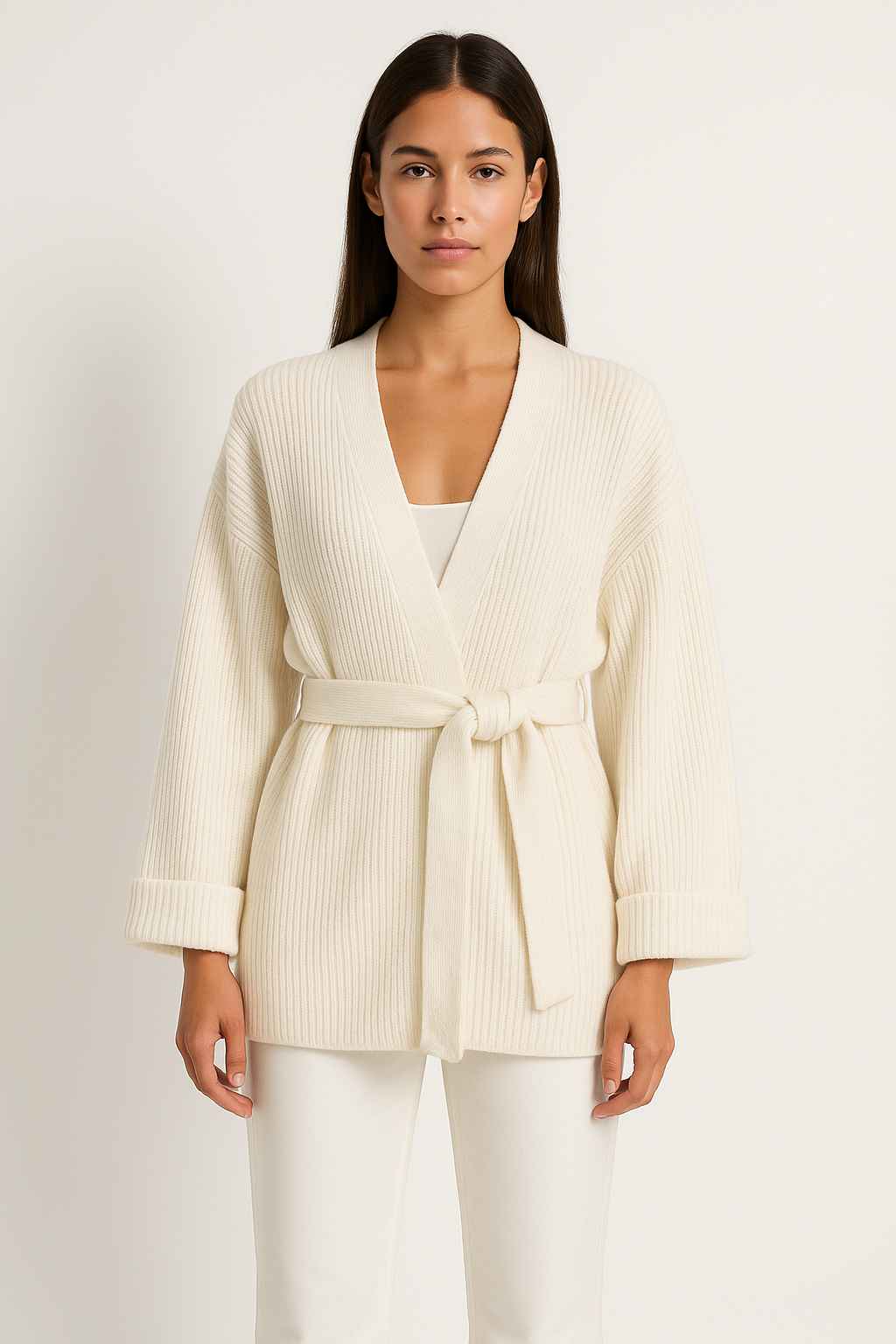 Women’s Knitted Cardigan – Oversized Fit – Ribbed Texture – Tie Waist – V-Neck