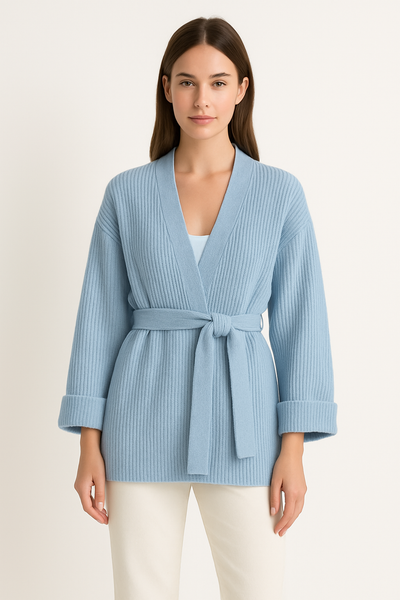 Women’s Knitted Cardigan – Oversized Fit – Ribbed Texture – Tie Waist – V-Neck