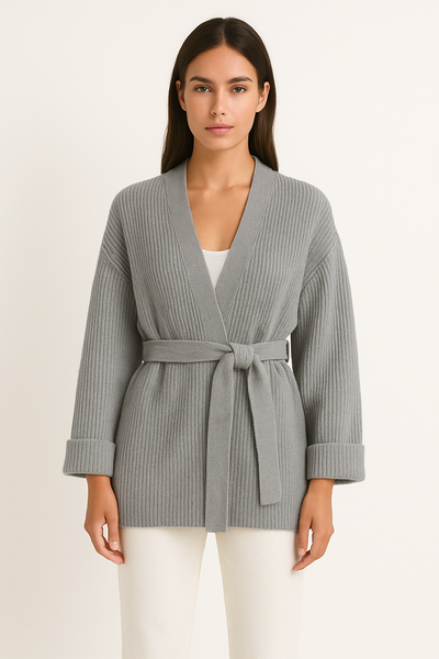 Women’s Knitted Cardigan – Oversized Fit – Ribbed Texture – Tie Waist – V-Neck
