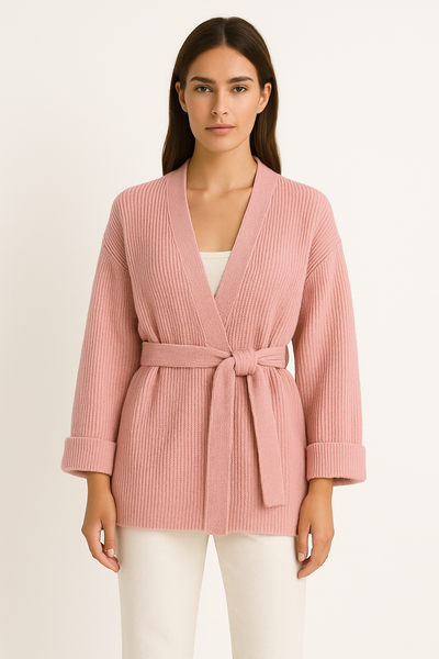 Women’s Knitted Cardigan – Oversized Fit – Ribbed Texture – Tie Waist – V-Neck