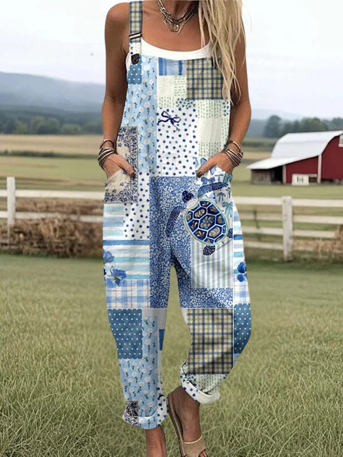 Debbie - Women's Vacation Retro Marine Geometric Pattern Print Casual Wide Leg Jumpsuit
