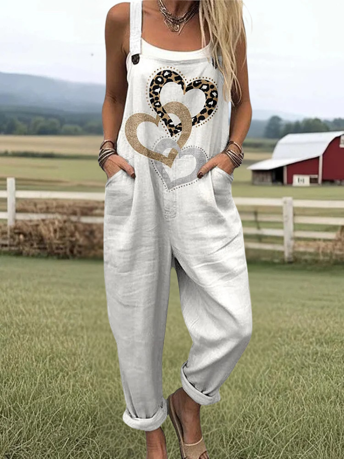 Hallie - Women's Heart To Heart Pattern Print Casual Cotton Wide Leg Jumpsuit