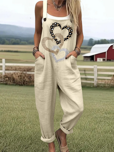 Hallie - Women's Heart To Heart Pattern Print Casual Cotton Wide Leg Jumpsuit