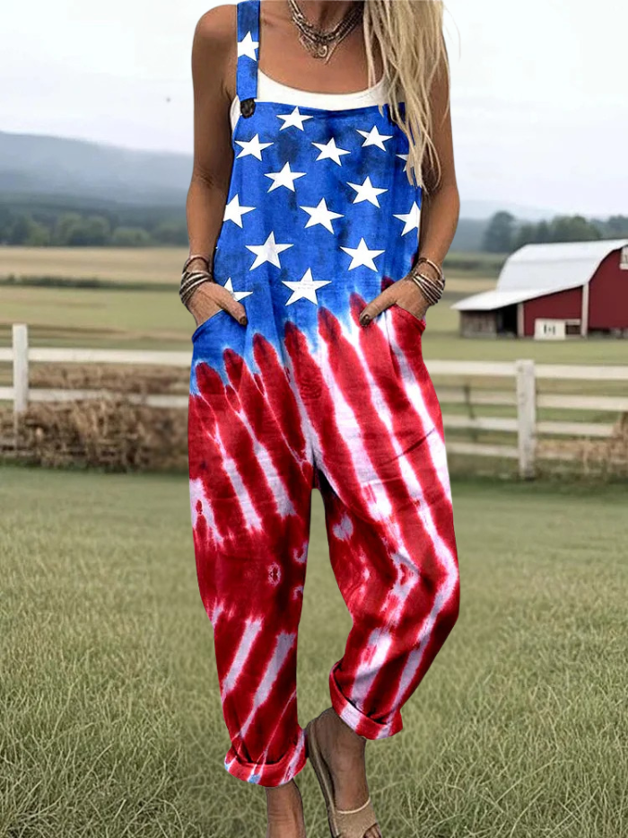 Ashley - Women's American Flag Tie Dye Print Casual Wide Leg Jumpsuit