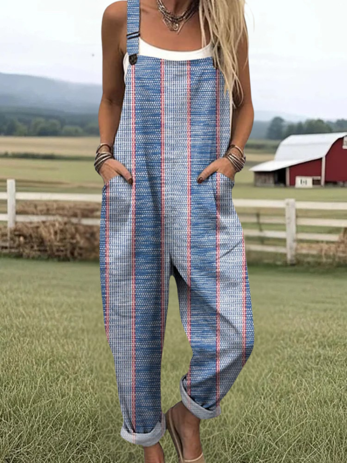Faith - Women's Holiday Style Stripe Pattern Print Casual Wide Leg Jumpsuit