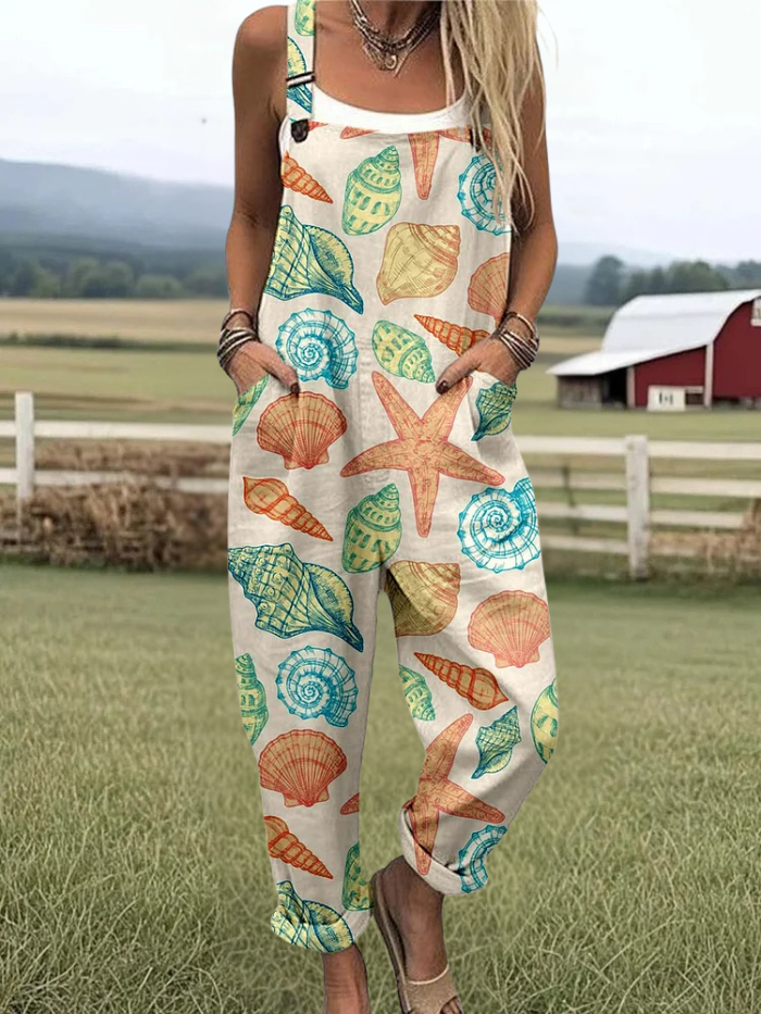 Blanche - Women's Holiday Style Shell Pattern Print Casual Wide Leg Jumpsuit