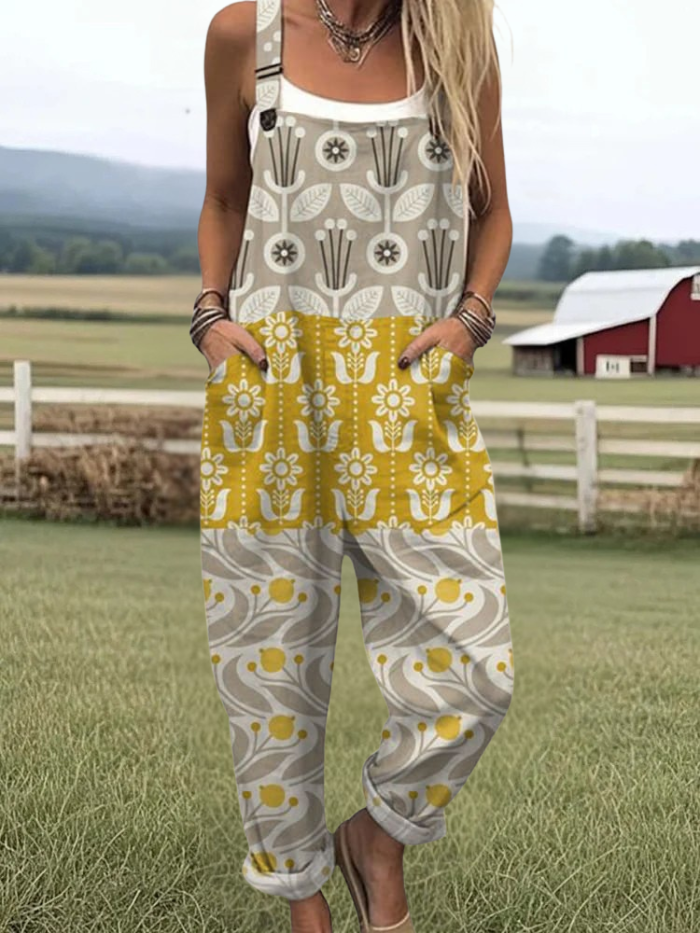 Clovis - Women's Retro Geometric Elegant Floral Print Casual Wide Leg Jumpsuit