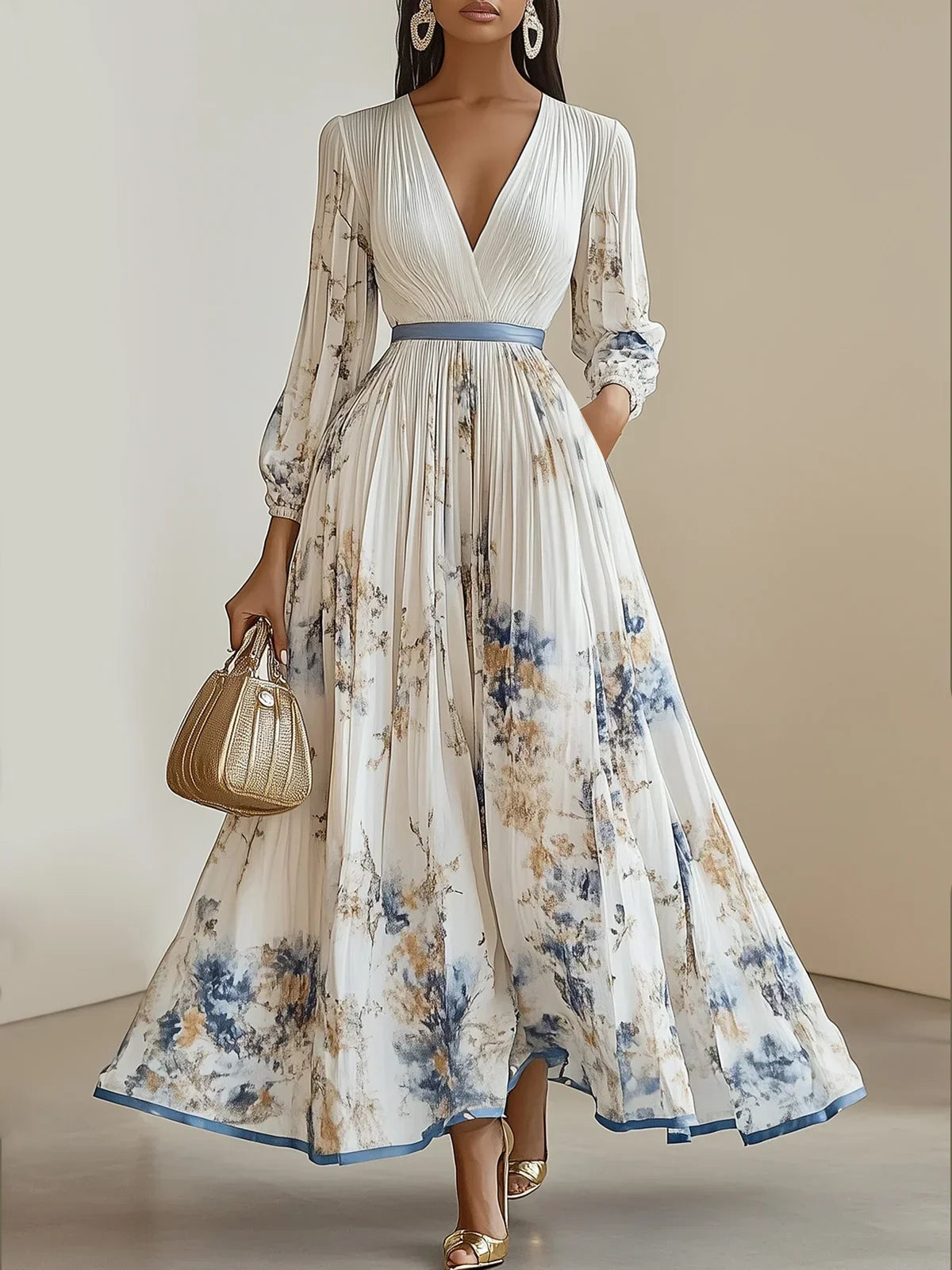 Nora - Elegant V-Neck Puff Sleeves Maxi Dress