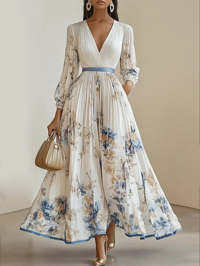 Nora - Elegant V-Neck Puff Sleeves Maxi Dress