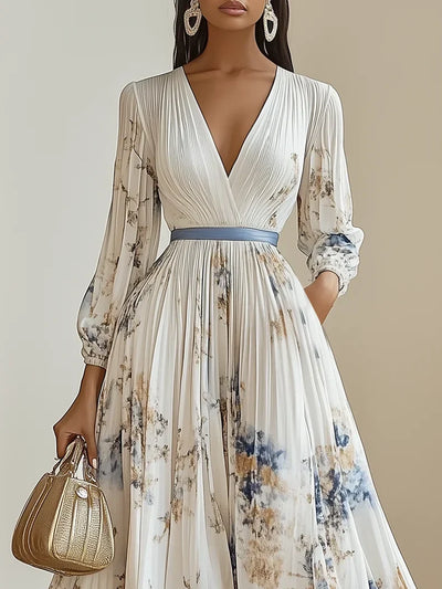 Nora - Elegant V-Neck Puff Sleeves Maxi Dress