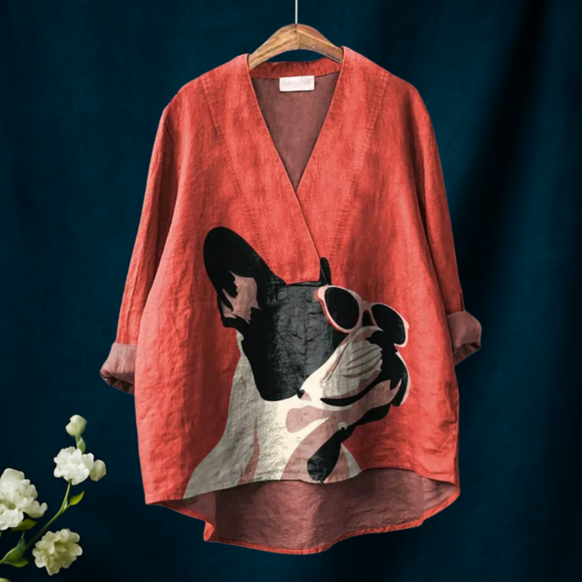 Women's Vintage French Bulldog Sunglasses V-Neck Shirt