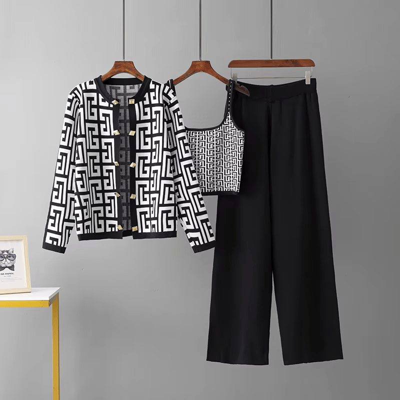 Kendall - Stylish Retro Maze Plaid O-collar Three-Piece Suit