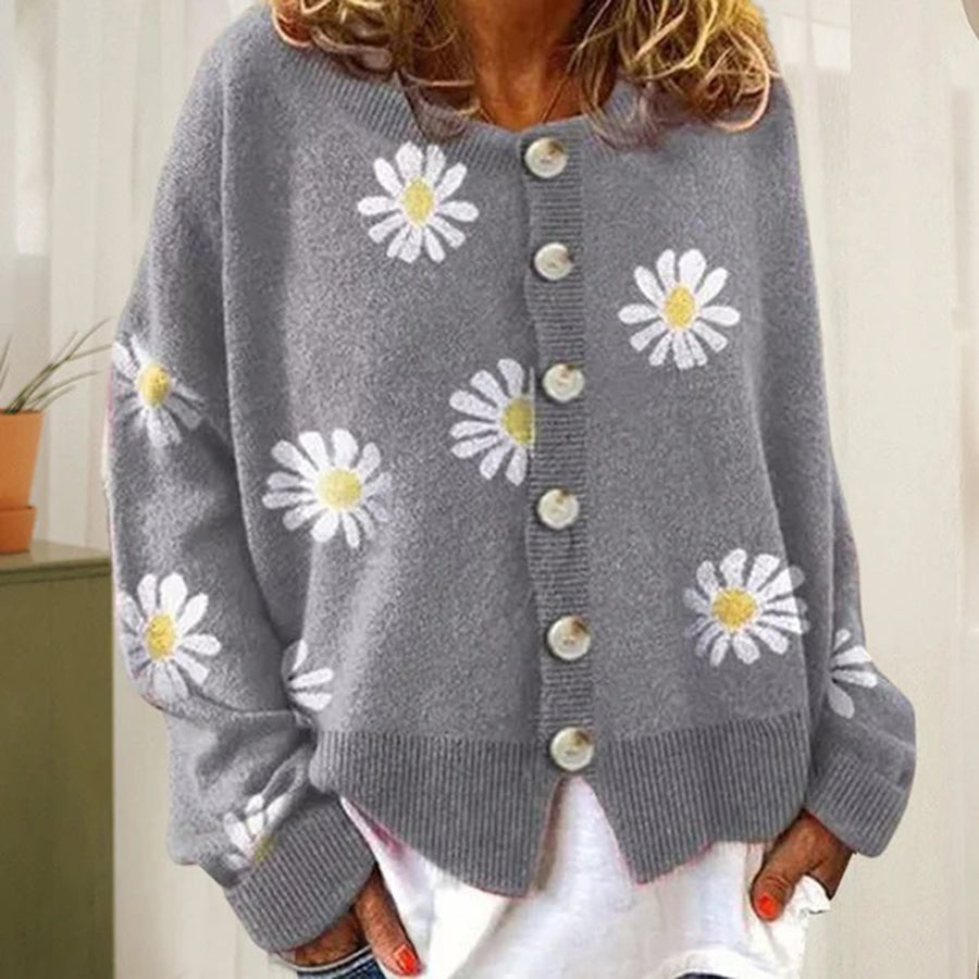Women’s Knit Cardigan – Oversized Fit – Daisy Print – Button Down – Ribbed Trim