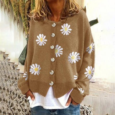 Women’s Knit Cardigan – Oversized Fit – Daisy Print – Button Down – Ribbed Trim
