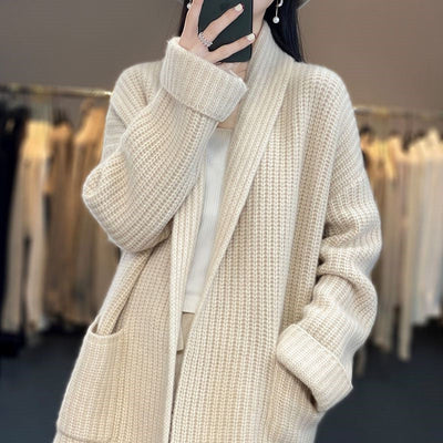 Women’s Cardigan – Oversized Fit – V-Neck – Ribbed – Long Sleeve – Pockets