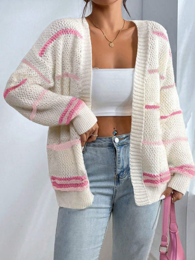 Women’s Knit Cardigan – Oversized Fit – Ribbed Trim – Striped Open Front – Casual Layer