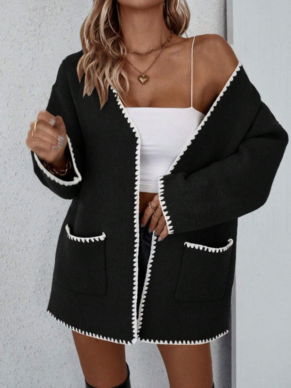 Women’s Knitted Cardigan – Oversized Fit – Open Front – Ribbed Trim – Patch Pockets