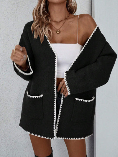 Women’s Knitted Cardigan – Oversized Fit – Open Front – Ribbed Trim – Patch Pockets