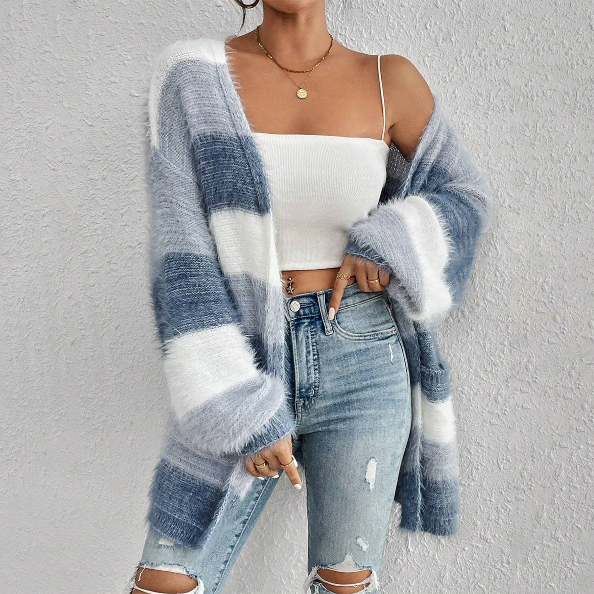 Women’s Knit Cardigan – Oversized Fit  – Open Front – Stripe Design