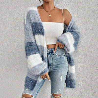 Women’s Knit Cardigan – Oversized Fit  – Open Front – Stripe Design