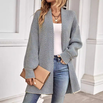 Women’s Knit Cardigan – Relaxed Fit – Open Front – Long Sleeve – Herringbone Pattern
