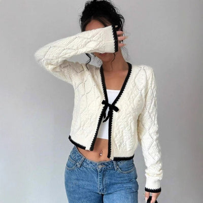 Women’s Cropped Cardigan – Bow Tie Front – Contrast Trim – Casual Fit