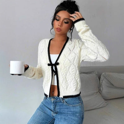 Women’s Cropped Cardigan – Bow Tie Front – Contrast Trim – Casual Fit