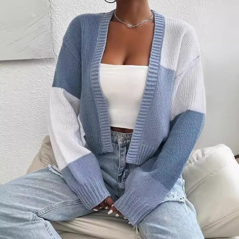 Women’s Knit Cardigan – Cropped Fit – Ribbed Texture – V-Neck – Oversized Sleeves