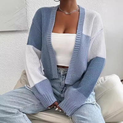 Women’s Knit Cardigan – Cropped Fit – Ribbed Texture – V-Neck – Oversized Sleeves
