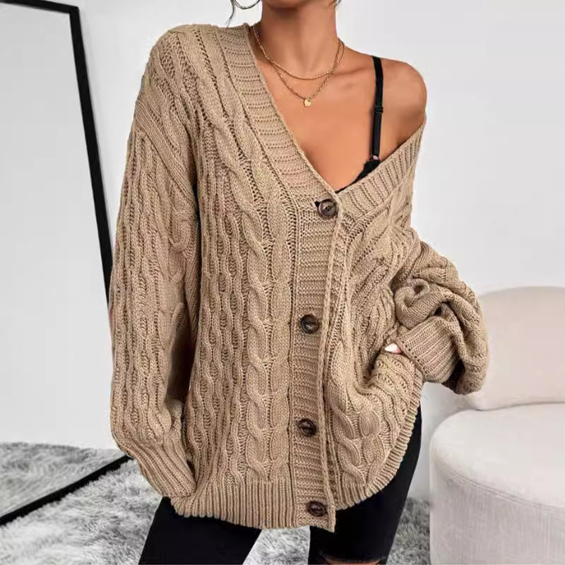 Women’s Knitted Cardigan – Oversized Fit – V-Neck – Button Front – Long Sleeve