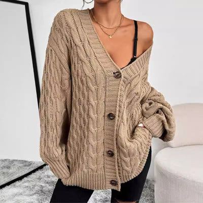 Women’s Knitted Cardigan – Oversized Fit – V-Neck – Button Front – Long Sleeve