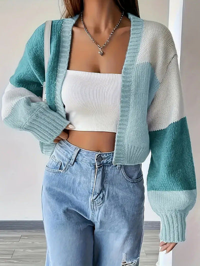 Women’s Knit Cardigan – Cropped Fit – Ribbed Texture – V-Neck – Oversized Sleeves