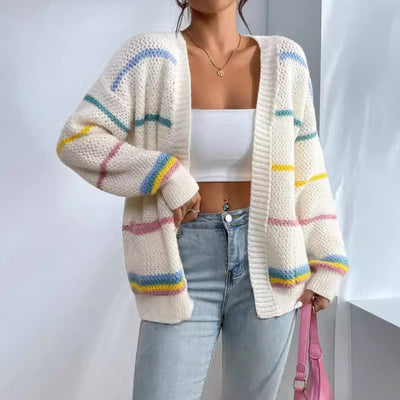 Women’s Knit Cardigan – Oversized Fit – Ribbed Trim – Striped Open Front – Casual Layer