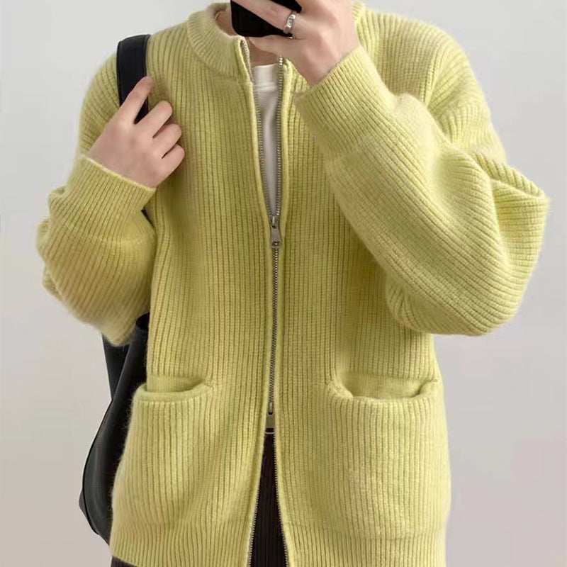 Women’s Knit Cardigan – Oversized Fit – Dual Zipper – Crew Neck
