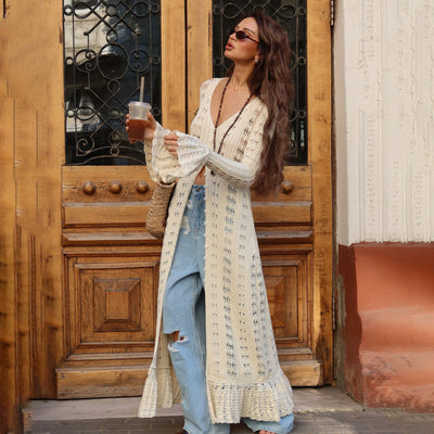 Women’s Long Cardigan – Oversized Fit – Knitted – Ruffle Hem – Flared Sleeves – Open Front