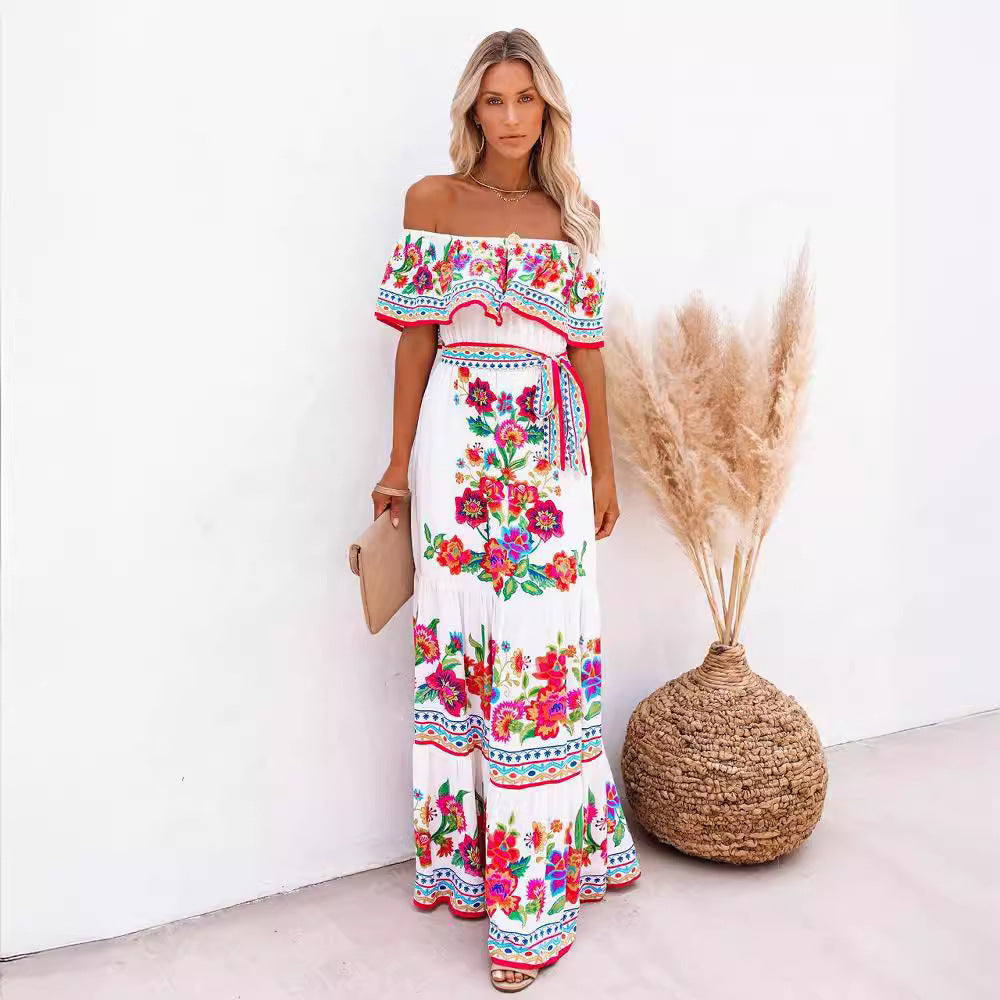 Layla - Printed Lace-Up Waist Long Dress