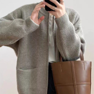 Women’s Knit Cardigan – Oversized Fit – Dual Zipper – Crew Neck