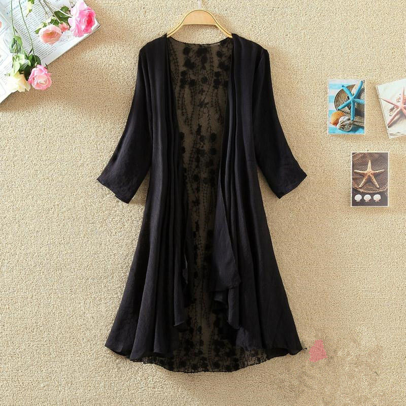 Women’s Mid-Length Cardigan – Lace Back – Open Front – Loose Fit