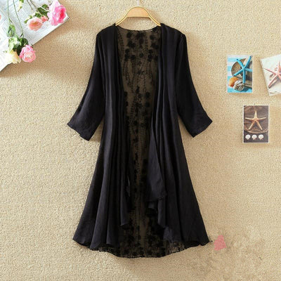 Women’s Mid-Length Cardigan – Lace Back – Open Front – Loose Fit