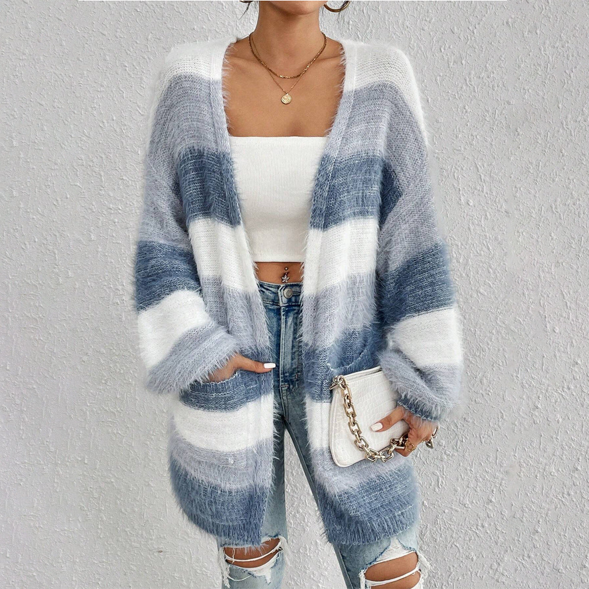 Women’s Knit Cardigan – Oversized Fit  – Open Front – Stripe Design