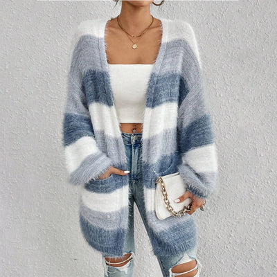 Women’s Knit Cardigan – Oversized Fit  – Open Front – Stripe Design