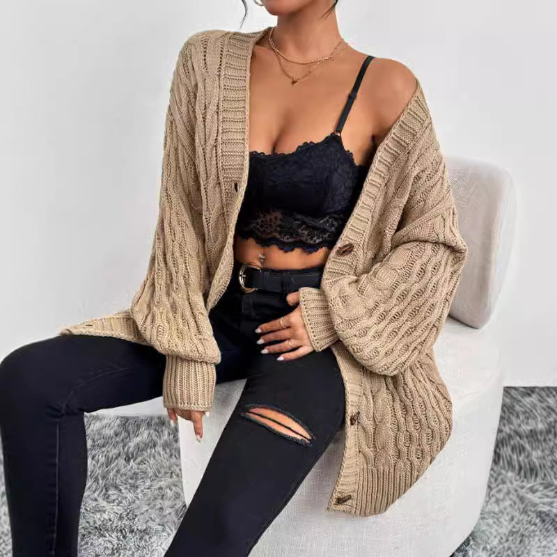 Women’s Knitted Cardigan – Oversized Fit – V-Neck – Button Front – Long Sleeve