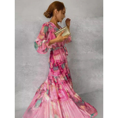 Jillian - Pleated V-Neck Boho Maxi Dress