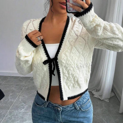 Women’s Cropped Cardigan – Bow Tie Front – Contrast Trim – Casual Fit