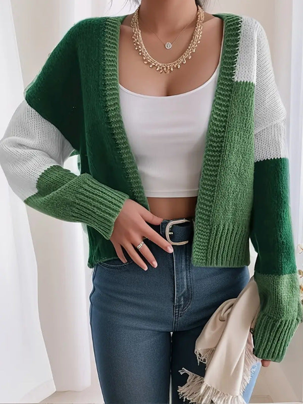 Women’s Knit Cardigan – Cropped Fit – Ribbed Texture – V-Neck – Oversized Sleeves