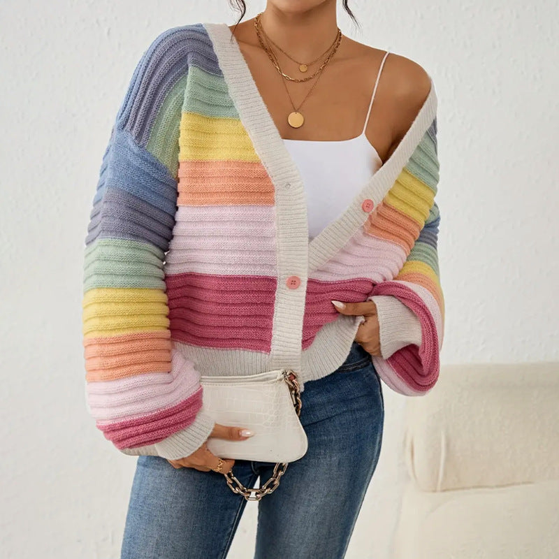 Women’s Knit Cardigan – Oversized Fit – Chunky Ribbed Texture – V-Neck – Striped Pattern