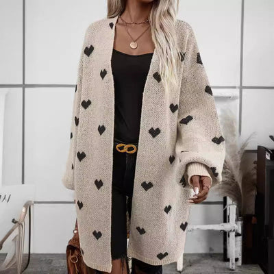 Women’s Long Knitted Cardigan – Oversized Fit – Heart Pattern – Open Front Casual Layer