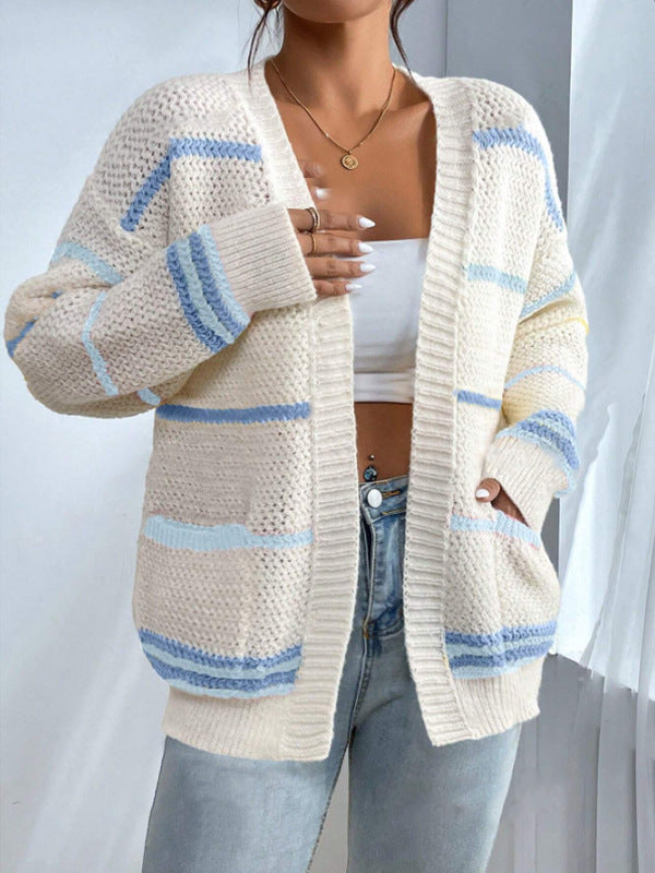 Women’s Knit Cardigan – Oversized Fit – Ribbed Trim – Striped Open Front – Casual Layer