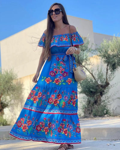 Layla - Printed Lace-Up Waist Long Dress